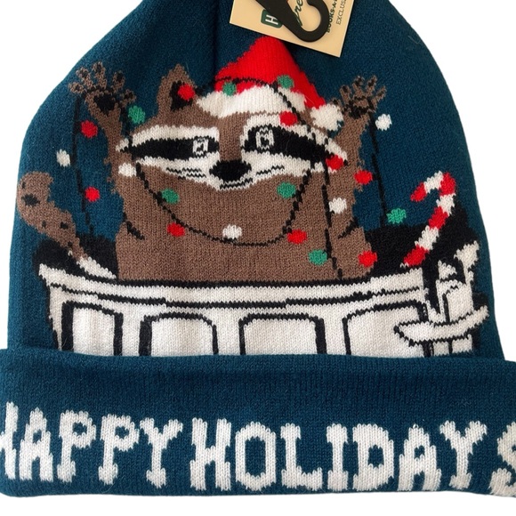 Books-A-Million Happy Holidays raccoon trash can winter beanie acrylic - Picture 3 of 9